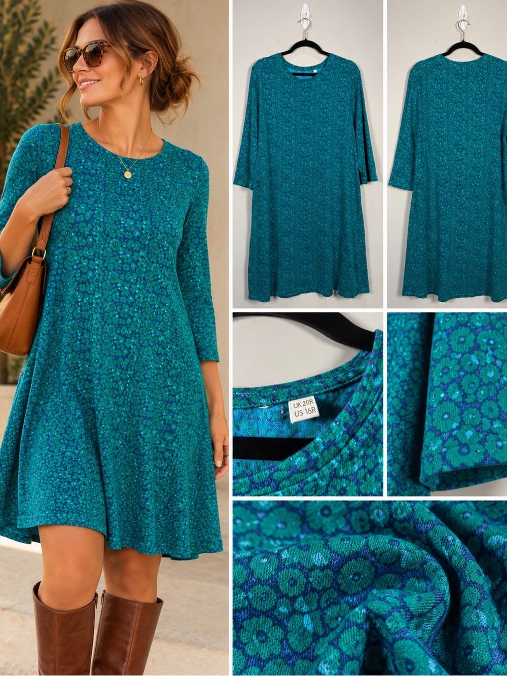 Boden Teal Blue Floral Swing Dress 3/4 Sleeve US 16R